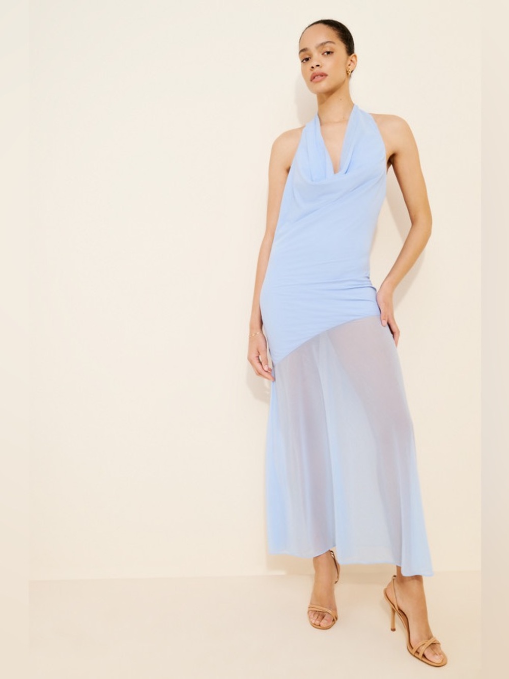 Mare Mare Cowl Neck Sheer Hem Dress Blue Halter Sheer Maxi Dress Small
